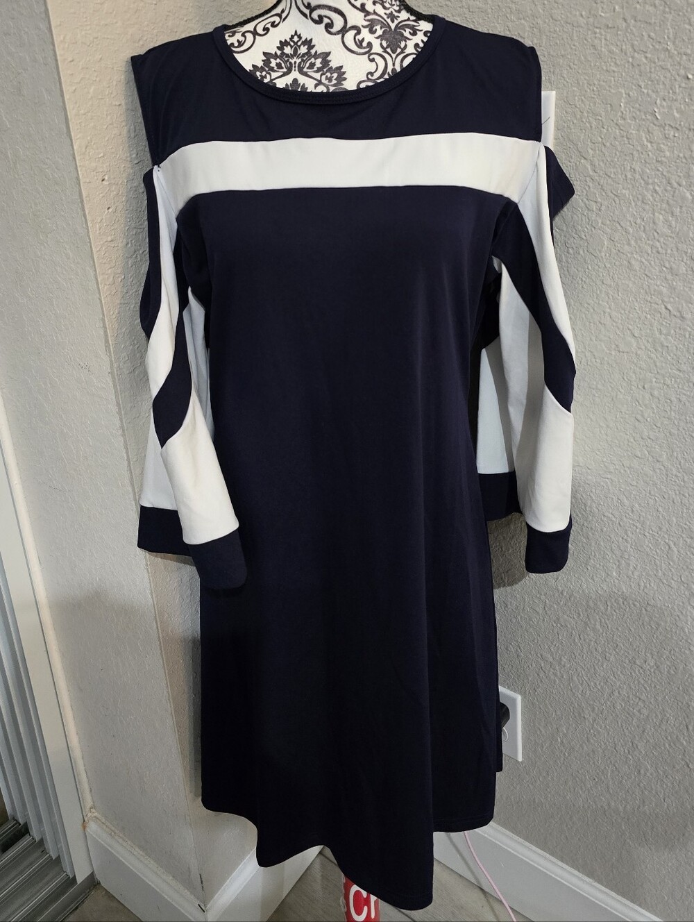 Navy and White Cold-Shoulder Shift Dress Says XXL- Fits More Like A 12